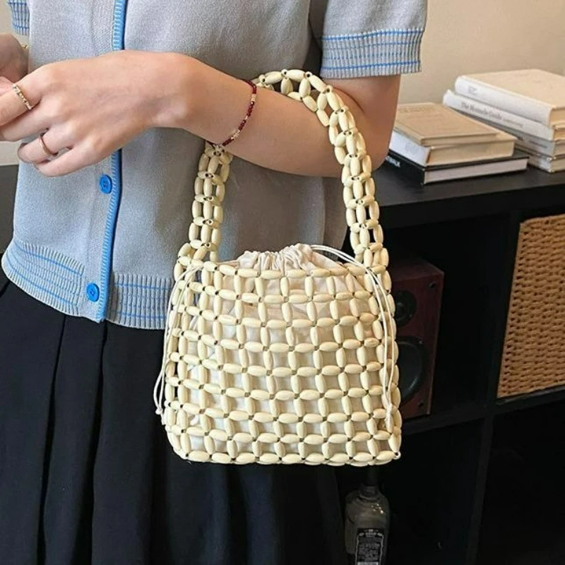 Retro-inspired Handmade Wooden Bead Woven Handbag, New Style Women's Fashionable Multi-purpose Lightweight String Bead Handbag