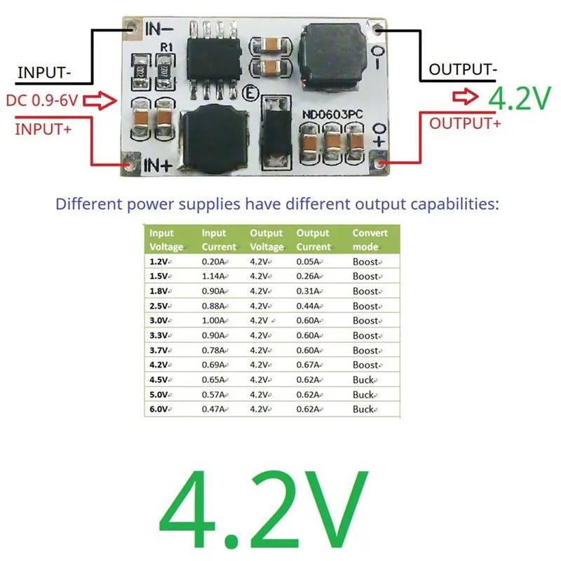 DTB8 PWM PFM Auto Buck-Boost Converter Module DC-DC Voltage Regulator 0.9-6V to 4.2V for LIPO LiPo4 Nimh Battery
