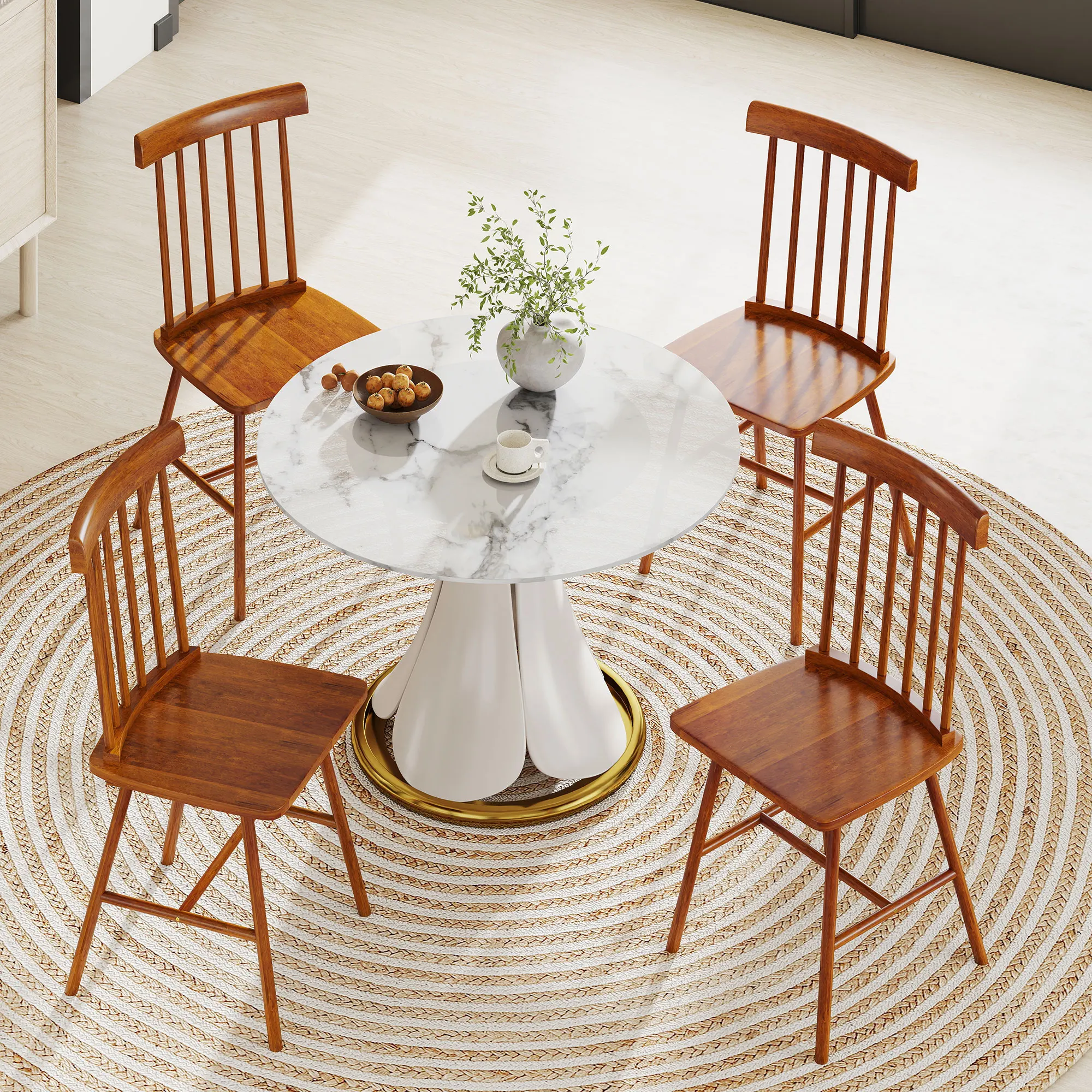 Windsor Dining Chairs Set of 4, Farmhouse Wooden Kitchen Chairs with Rubber Wood Frame and Spindle Backrest for Dining & Living Room, Light Brown