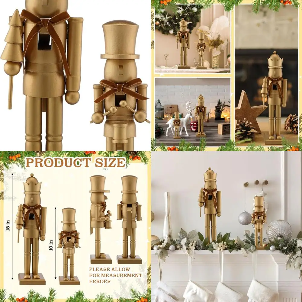 

Пара золотых деревянных щелкунчиков с бархатными бантами, 10 и 15 рождественских декораций для праздничных вечеринок и домашних полок