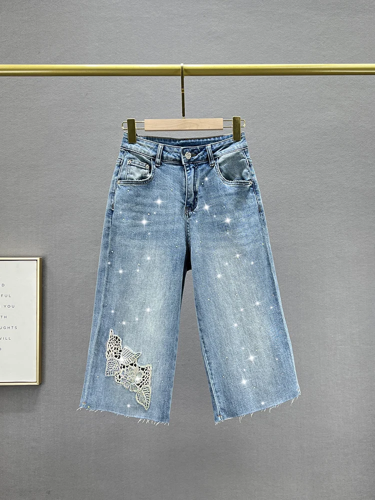 

High Waist Straight Leg Denim Shorts Women's Jeans Five Inches Length Embroidered Slimming Elastic Cotton Blend Spring Summer