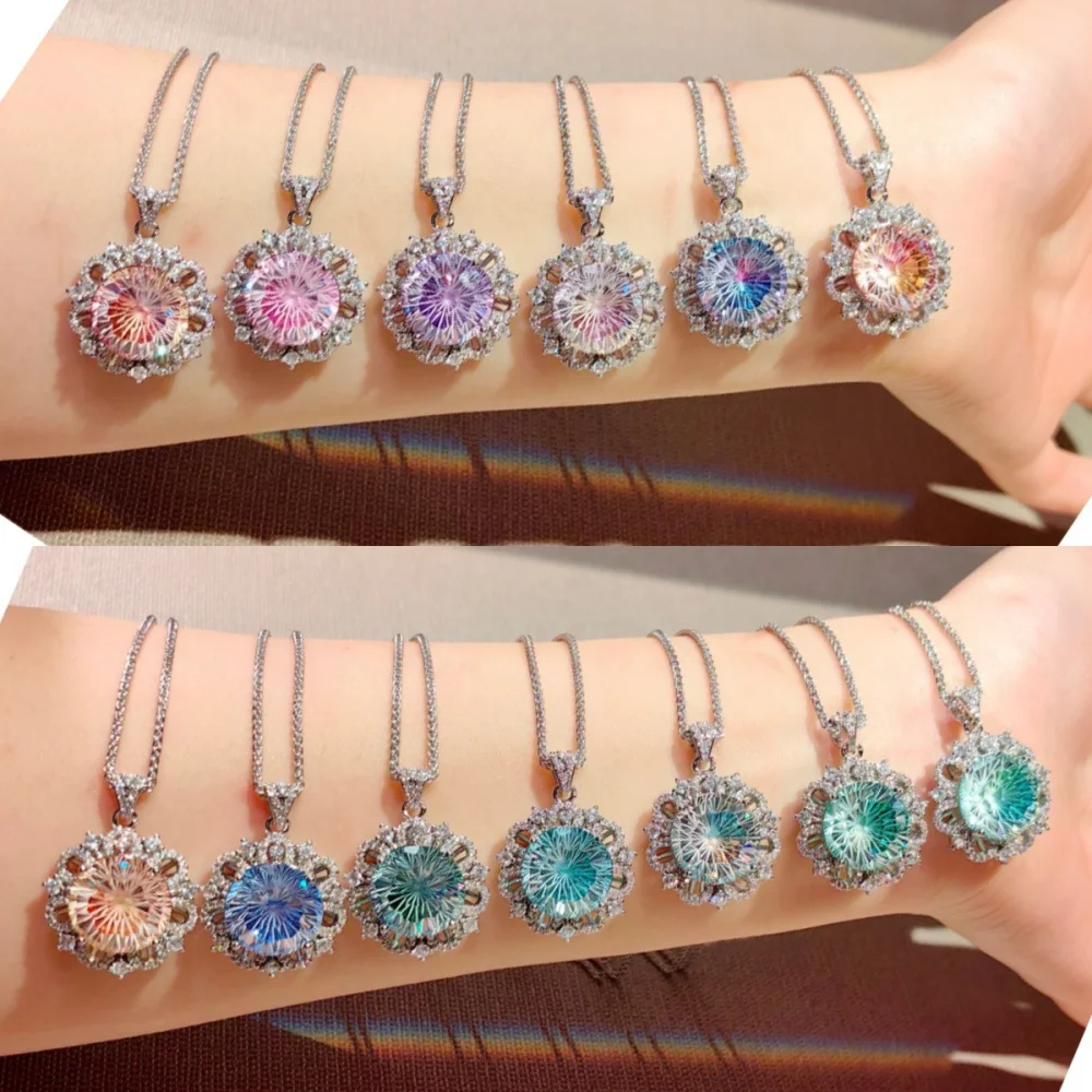 925 Sterling Silver Colorful Luxury Sunflower Zircon Pendant Necklace Birthday Party Anniversary Gift Ladies Jewelry