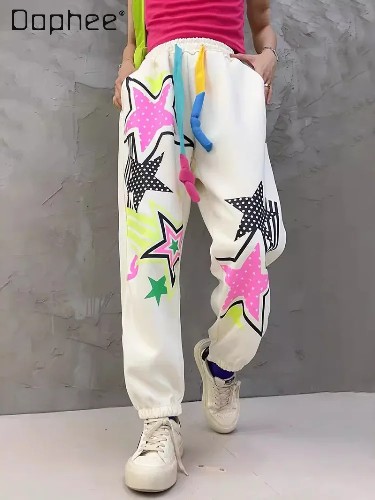 

Spring Autumn Drawstring Stitching Printed Ankle-Tied Sweatpants Women's Loose Casual Pants Elastic Waist Jazz Dance Pants