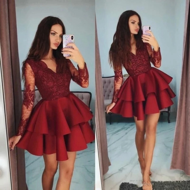 

ANGELSBRIDEP Long Sleeves Homecoming Dresses Burgundy Soiree Robe Fashion V-Neck Lace Design Graduation Formal Gowns Plus Size