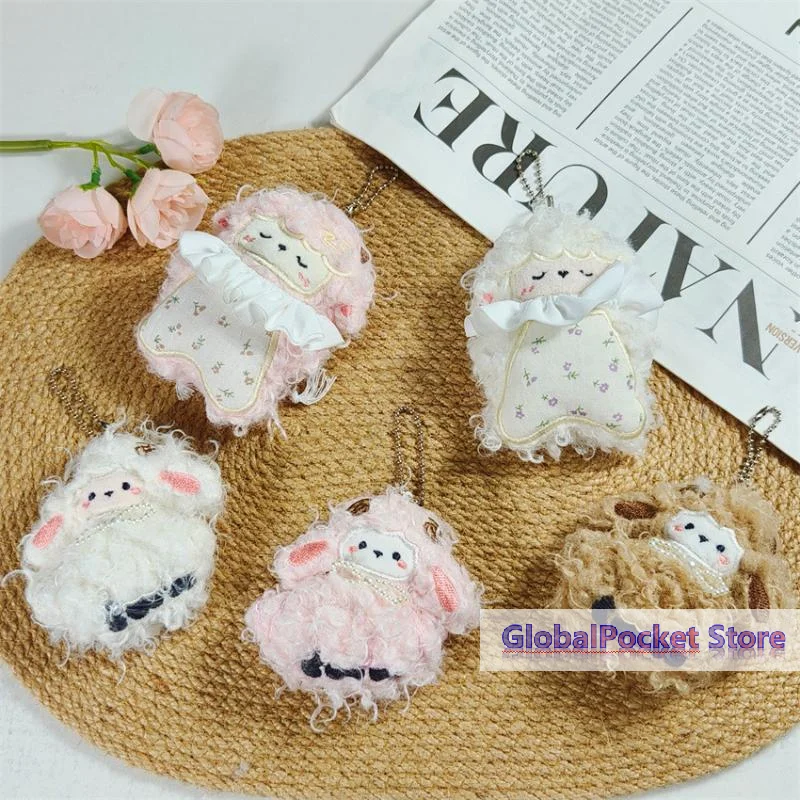 [TG823]Cute Fluffy Sleeping Sheep Plush Pendant With Ruffle Collar Floral Print For Bag Decor Girl Gifts