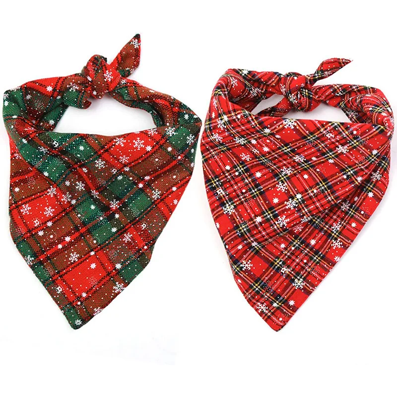 Christmas Pet Dog Bandana Scarf Double Layer Cotton Plaid Pet Grooming Bibs Puppy Neckerchief Triangle Cute Xmas Saliva Towel