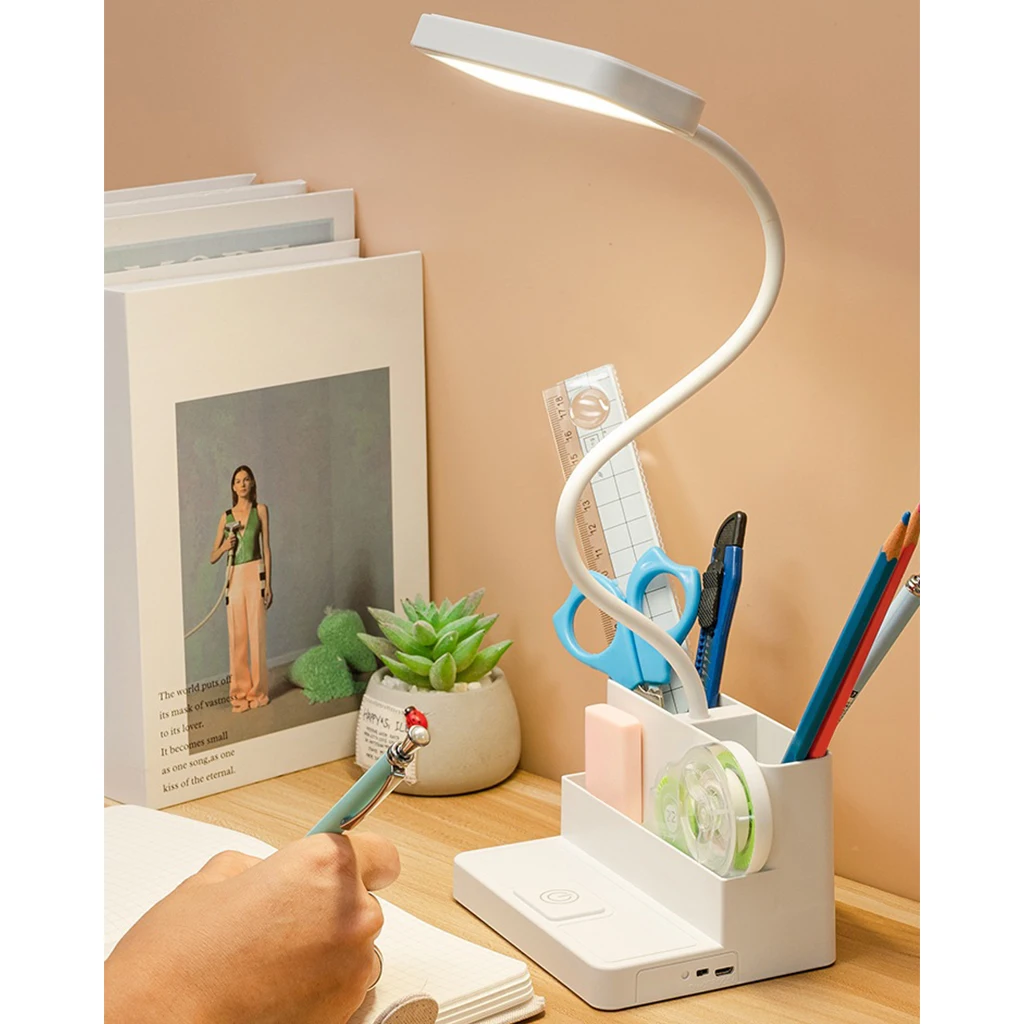 Dimmable Reading LED Desk Lamp with Pen Holder Holder, Flexible Gooseneck, Lights for Office Students