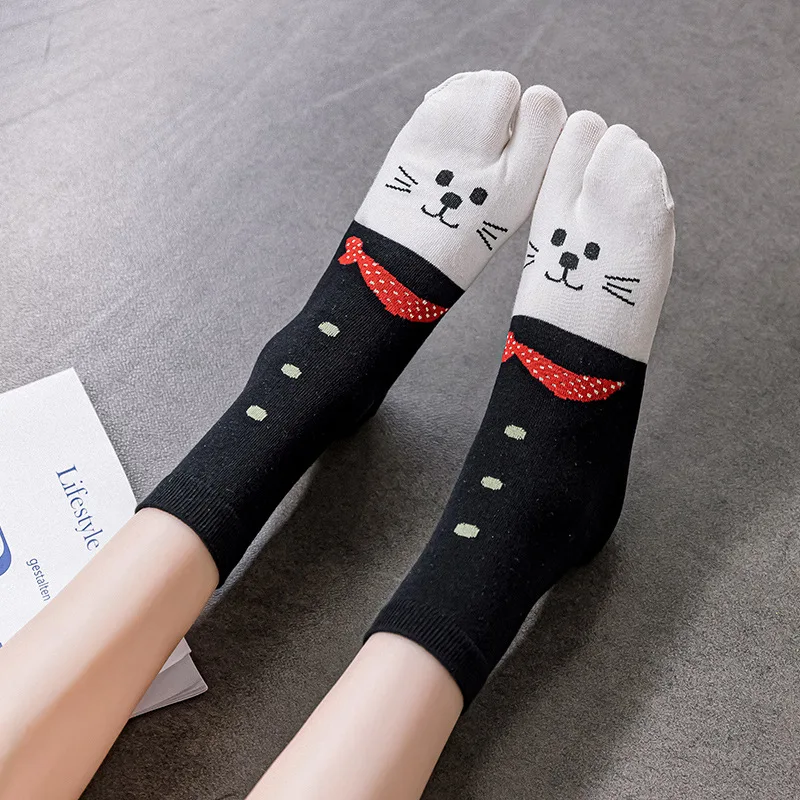 5 Pairs Women's Cotton Tabi Two-toe Socks Mid-Tube Cartoon Design for Spring And Autumn Comfortable Two-Finger Style