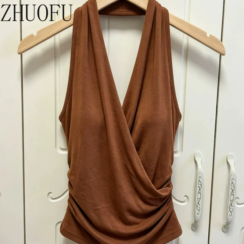 French Retro Design Caramel Halter Women's Sling Vest 2026 Summer New Sweet Cool Versatile Thin Backless Sleeveless Top Ladies