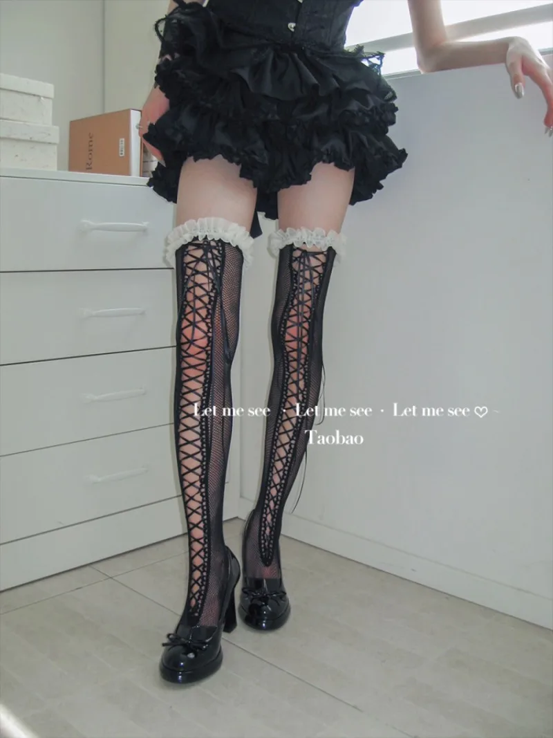 Japanese Homemade Dark Soft Girls Lace Strap Knee Socks Fashion Sweet And Cool Thin High Thigh Stockings Women's Sexy Hosiery