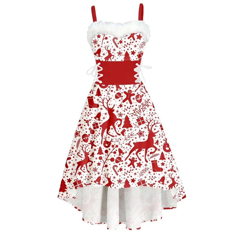 Navidad 2026 nueva atmósfera elegante camisola vestido de fiesta chica conejito cuello de piel fuera del hombro arco camisola vestido Sexy