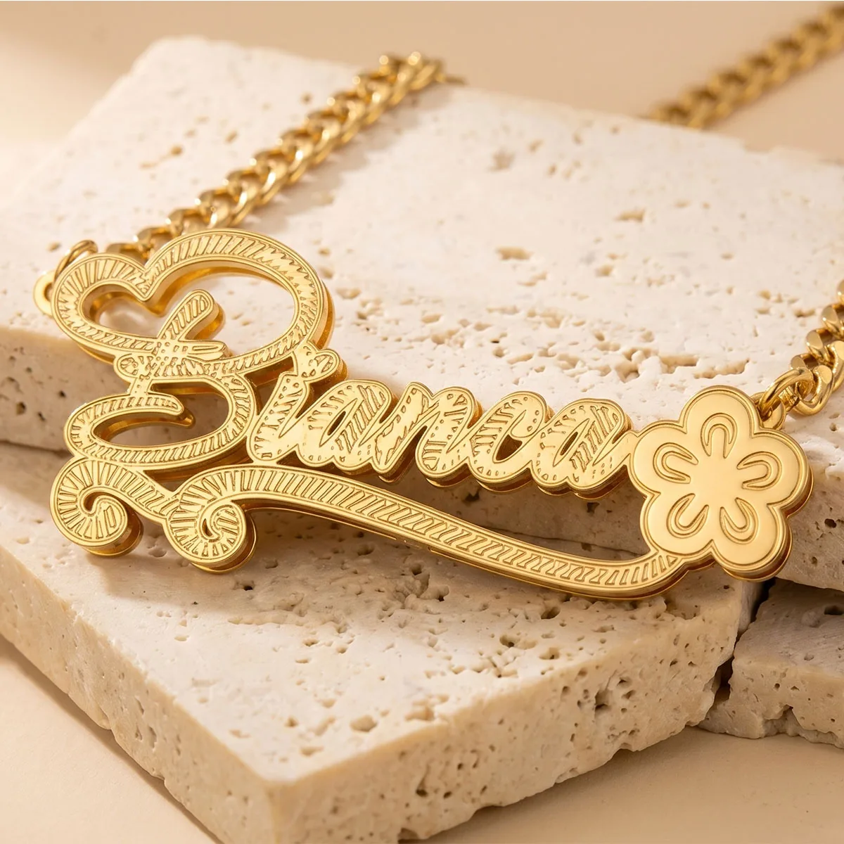 Custom Name Necklaces For Women 18K Gold Plated Personalized Name Pendant with Flower Engraved Texture Nameplate Jewelry Gift