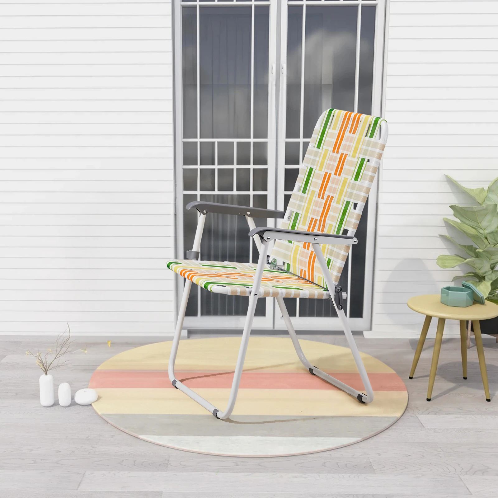 

Set of 2 Webbed Folding Beach Chairs, Outdoor Patio Lawn Foldable Chairs for Camping Fishing Yard Poolside BBQ, Yellow & Green