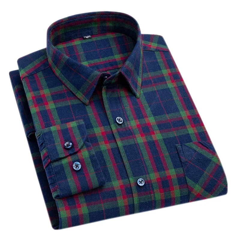 New Flannel Plaid Shirts For Men Spring Cotton Easy Care Non-iron Long Sleeve Casual Clothing Business Smart Dress Top Shirts