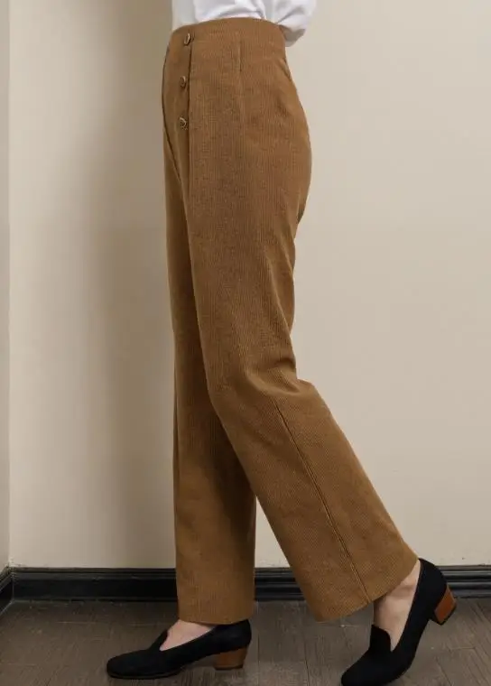 2025 Autumn/Winter New Women's Solid Color Corduroy High Waist Wide Leg Casual Pants with Pit Strips Button Straight Legs