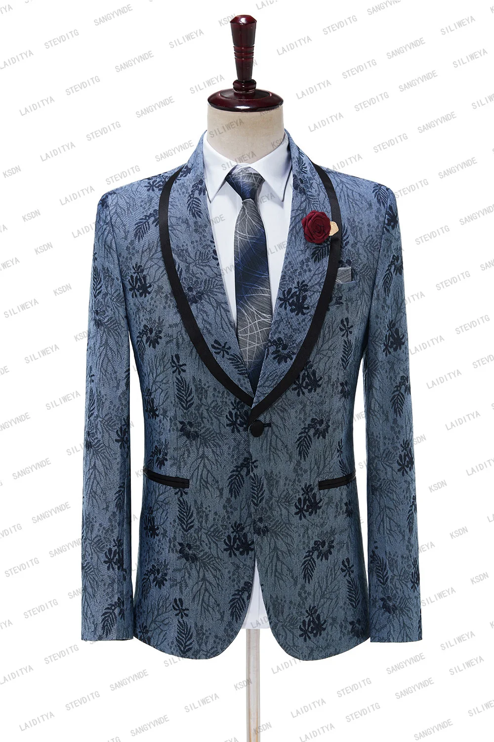 2023 New Fashion Denim Jacquard Satin Trimmed Tailor-Made Slim Fit Tuxedo 2 Pcs Set Formal Causal Business Wedding Jacket Pants