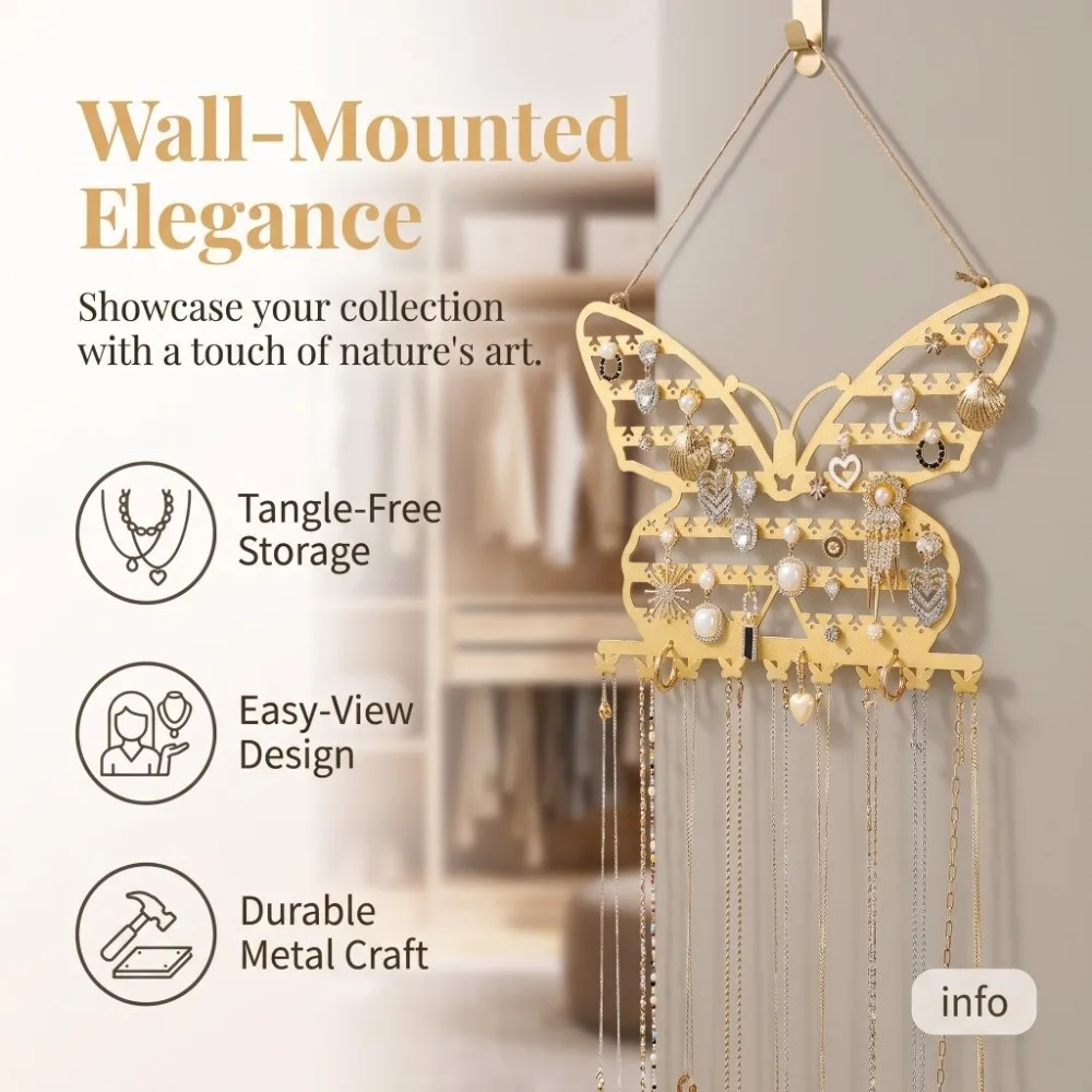 Wall Mounted Butterfly Jewelry Rack Space Saving Decorative Jewelry Organizer creative With Hooks Necklace Holder