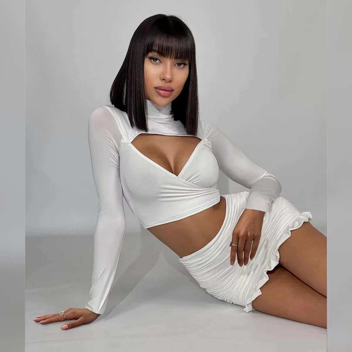

HOUZHOU Sexy Euphoria Outfit Women Long Sleeve Bodycon Party Two Piece Set Matching Crop Top Female Mini Skirt Ruffle Elegant