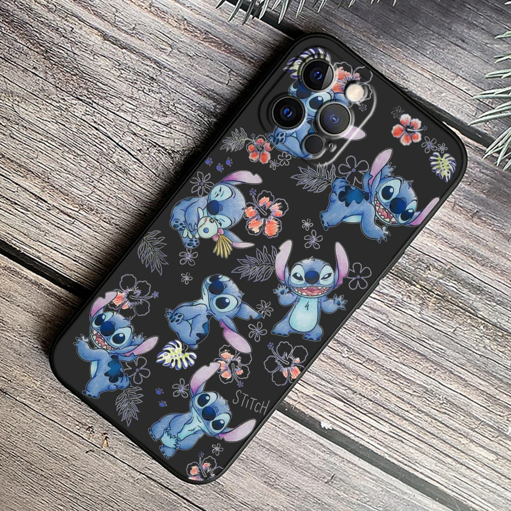 Coque de téléphone Stitch Anime Cartoon, coque noire, iPhone 15 14 13 12 11 XS Poly X 8 7 SE Pro Max Plus Mini