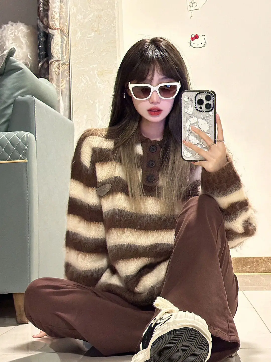 Suéter Casual a Rayas Marrones de Otoño Invierno, Talla Grande, Estilo Retro Americano, Tejido, para Mujer