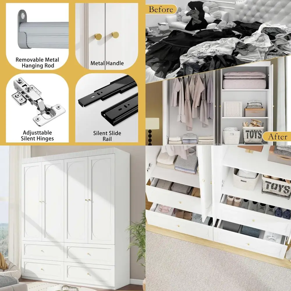 

Белый шкаф-гардероб 74 High White с 4 дверцами и 4 ящиками - большой деревянный шкаф для хранения и размещения одежды