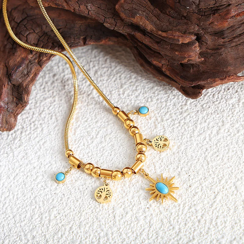 Vintage Boho bohemian Turquoise Pendants Necklace 18k Gold Plated Women Jewelry Non Tarnish Stainless Steel
