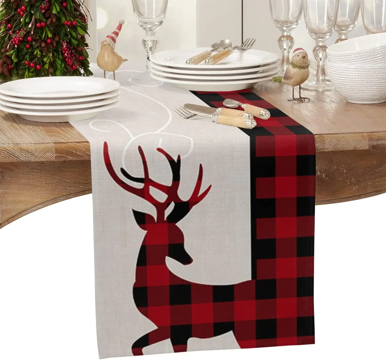 Christmas Elk Red Black Plaid Linen Table Runners Party Decor Reusable Winter Kitchen Dining Table Runners Navidad Decorations