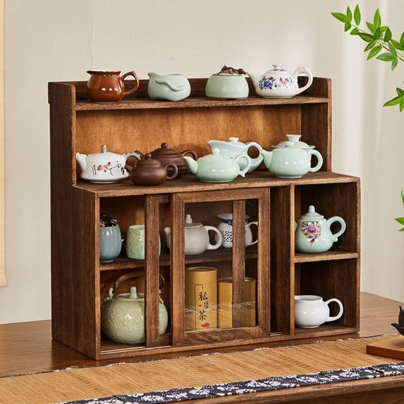 Retro Minimalist Water Cup Storage Rack Solid Wood Wooden Countertop Cabinet With Doors And Shelves Tea Set Kitchen Cabinet