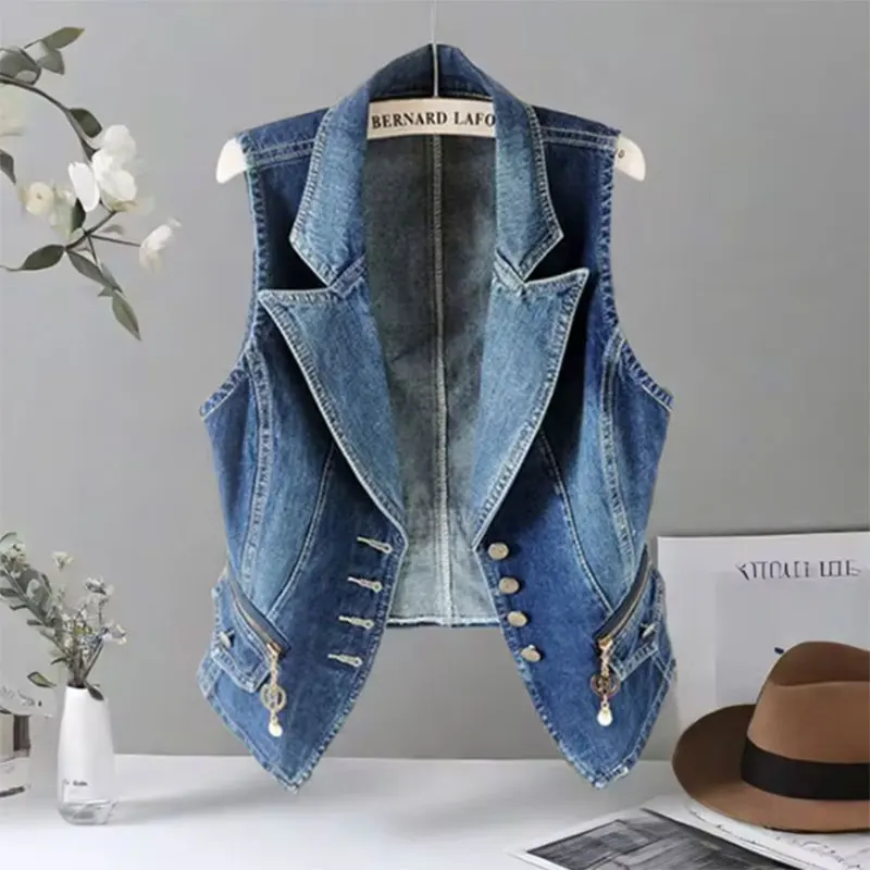 

Denim Turn-Down Collar Single Breasted Zippers Sleeveless Women's Vest Short Jacket Coat Korean Fashion Jackets For Women 2024