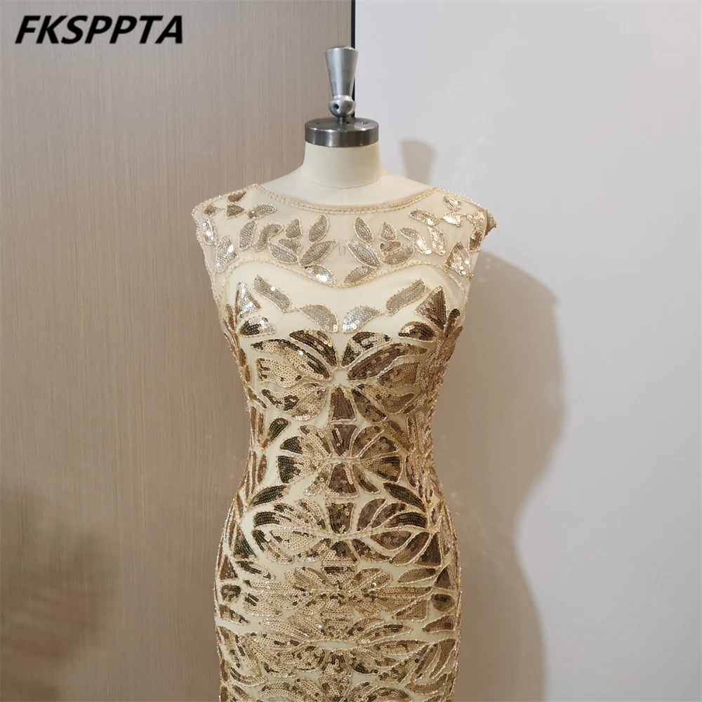 Abito lungo a sirena In oro taglie forti da sera splendido Tulle senza schienale con paillettes 2024 In Stock abito da donna per occasioni formali Robe De Soiree