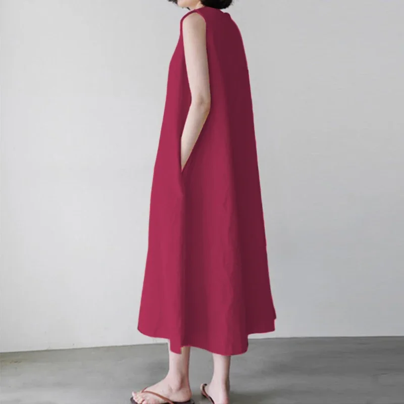 New Comfortable Cotton Linen Solid Color Dress Women Summer Large Size Sleeveless Dressy Female Minimalist Style Long Dress