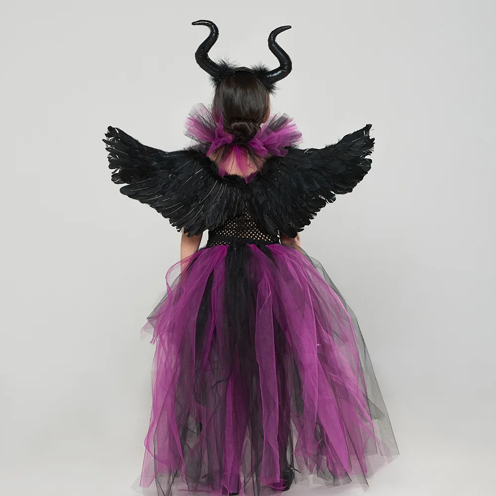 Mädchen Dark Angel Böse Königin Kostüm-Set Lila-Schwarzes Tüllkleid Mit Federflügeln Horn-Stirnband Für Halloween Karneval – Detail 5