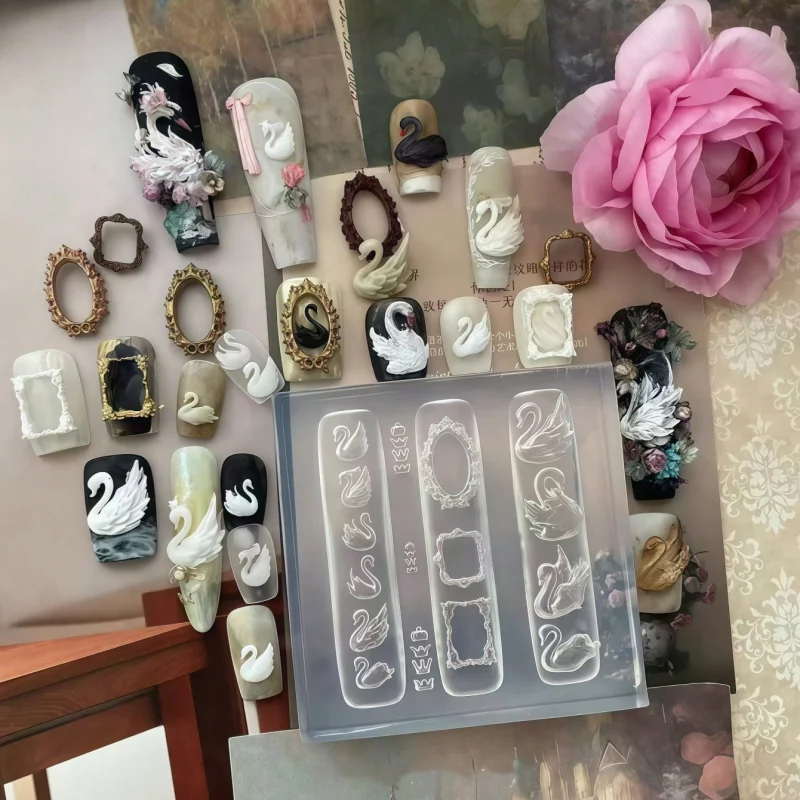 Elegant Swan Crown Nail Art Mold Vintage Photo Frame with Rose Bouquet 3D Carving Silicone Mold for Precise Nail Decorations