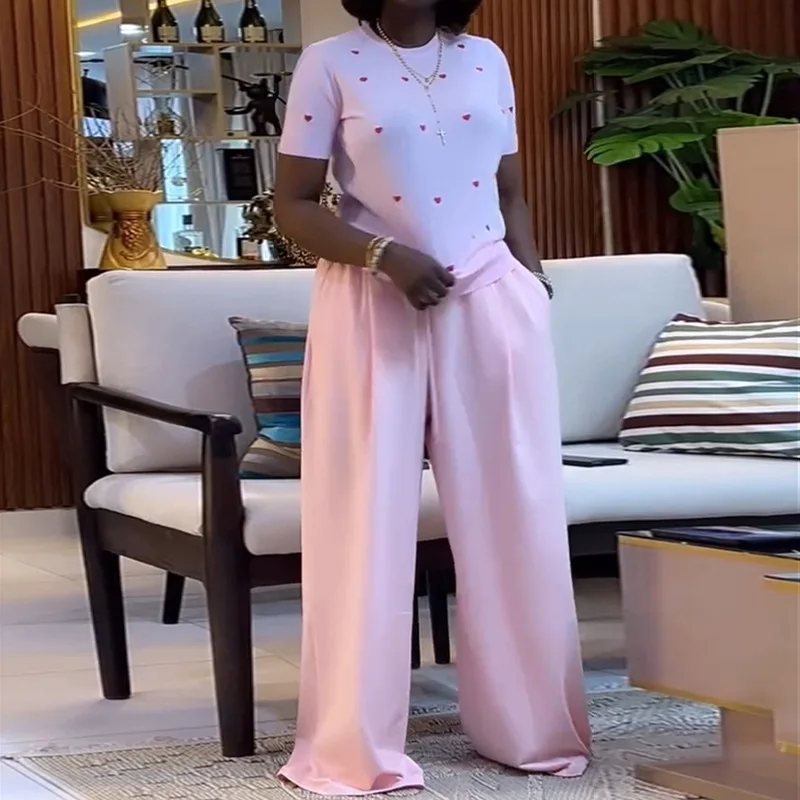 Summer Causal Two 2 Piece Sets Outfit Tracksuit Women's Set Love Short Sleeve T-Shirt and Wide Leg Pants
