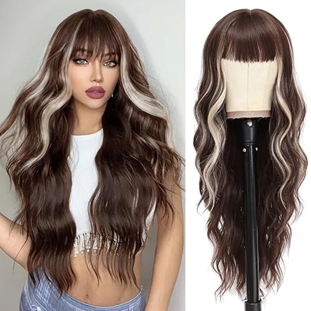 28 inch Fashion Brown Mix Blonde Wig with Bangs for Women Long Wavy Hair Wig Natural Looking Synthetic Bang Wigs