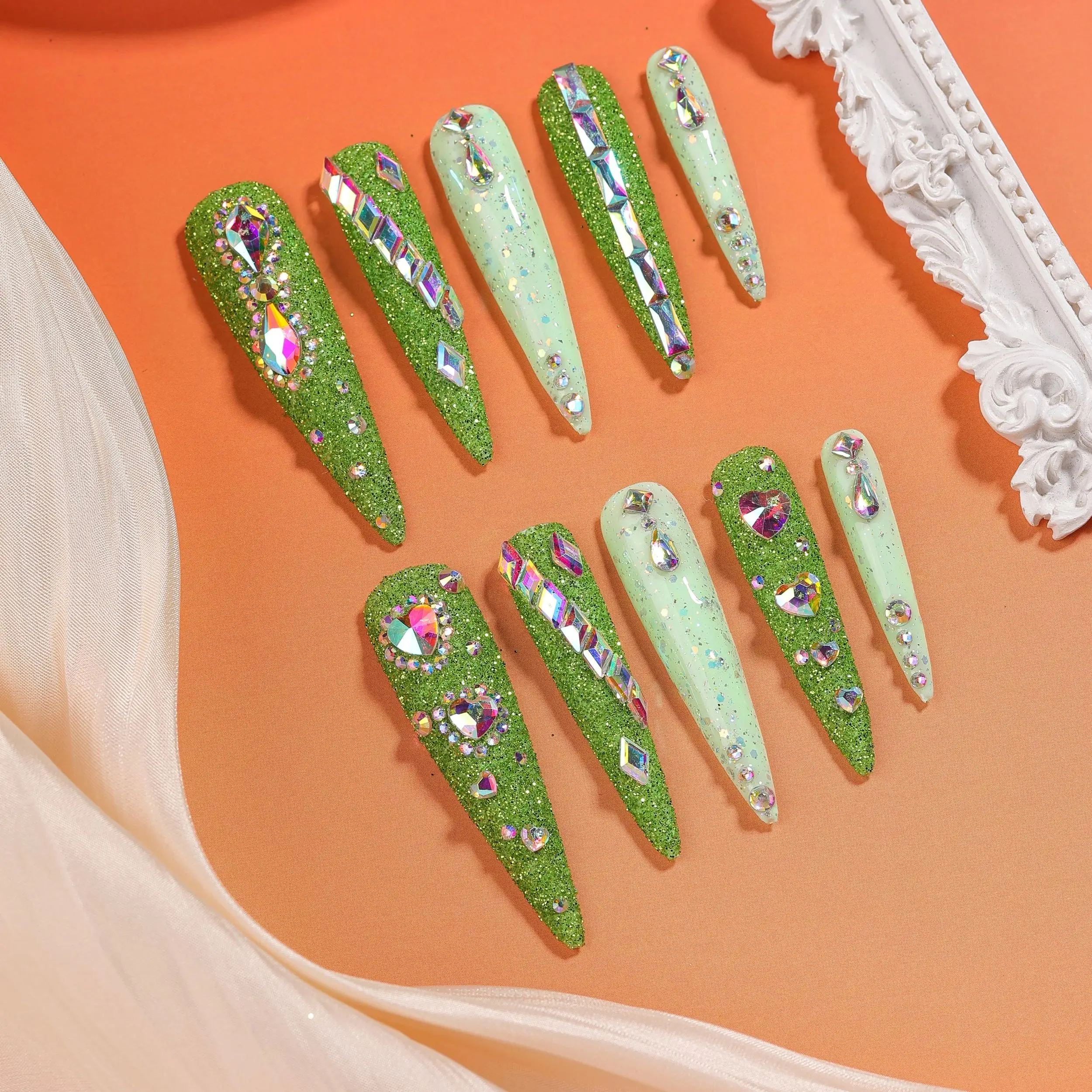 10Pcs Handmade Neon Green Design False Nails Super Long Pointy Press on Nails Wearable Fake Nails Party Drama Finger Nail