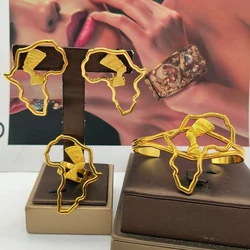 African Gold Color Jewelry Set for Women Hollow Out Design Large Earrings and Bangle Ring 3Pcs Set for Weddings Bride Jewellery