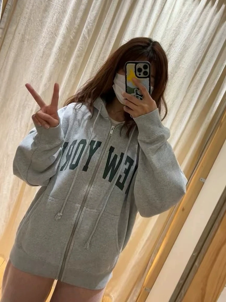 Casual Women Letter Printing Sweatshirts 2023 Fall Fashion Zip-up Long Sleeves Grey Hoodie Vintage Female Chic Pullovers