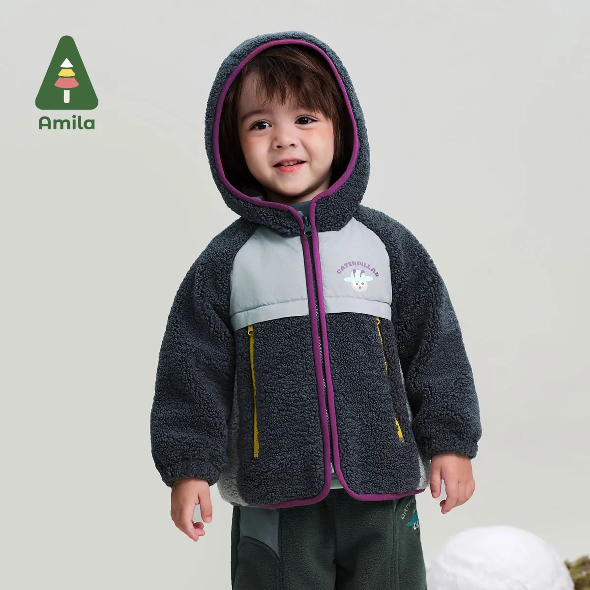 Amila Baby Cardigan 2024 Winter New High Quality Boys And Girls Polar Fleece Contrast Color Hooded Warm Loose Children‘s Jacket