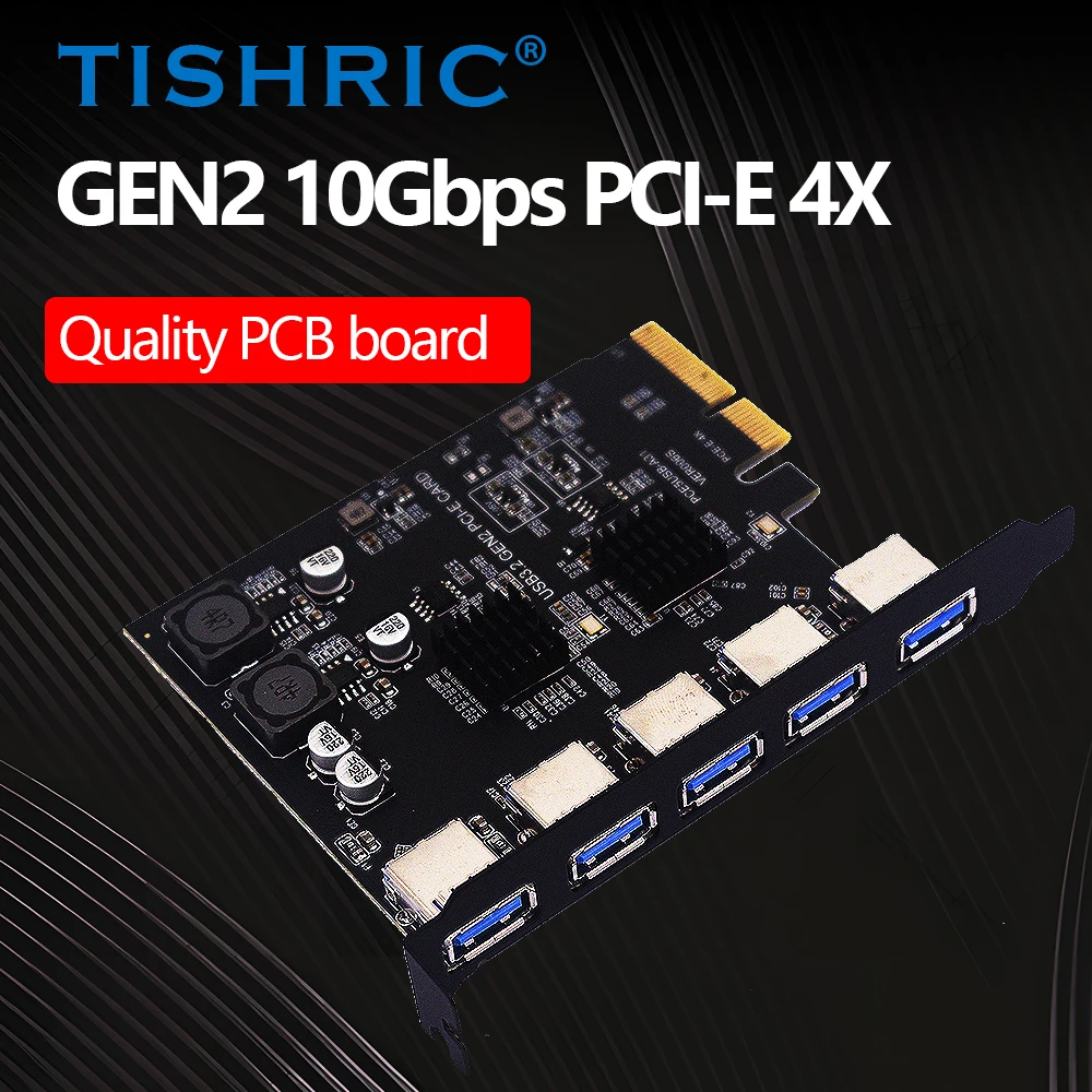 

TISHRIC PCIe 4X to 5-Port USB 3.2 Gen2 Expansion Card-10Gbps Adapter with ASM3142 Chip Compatible with PCIe 1X/4X/8X/16X Slot