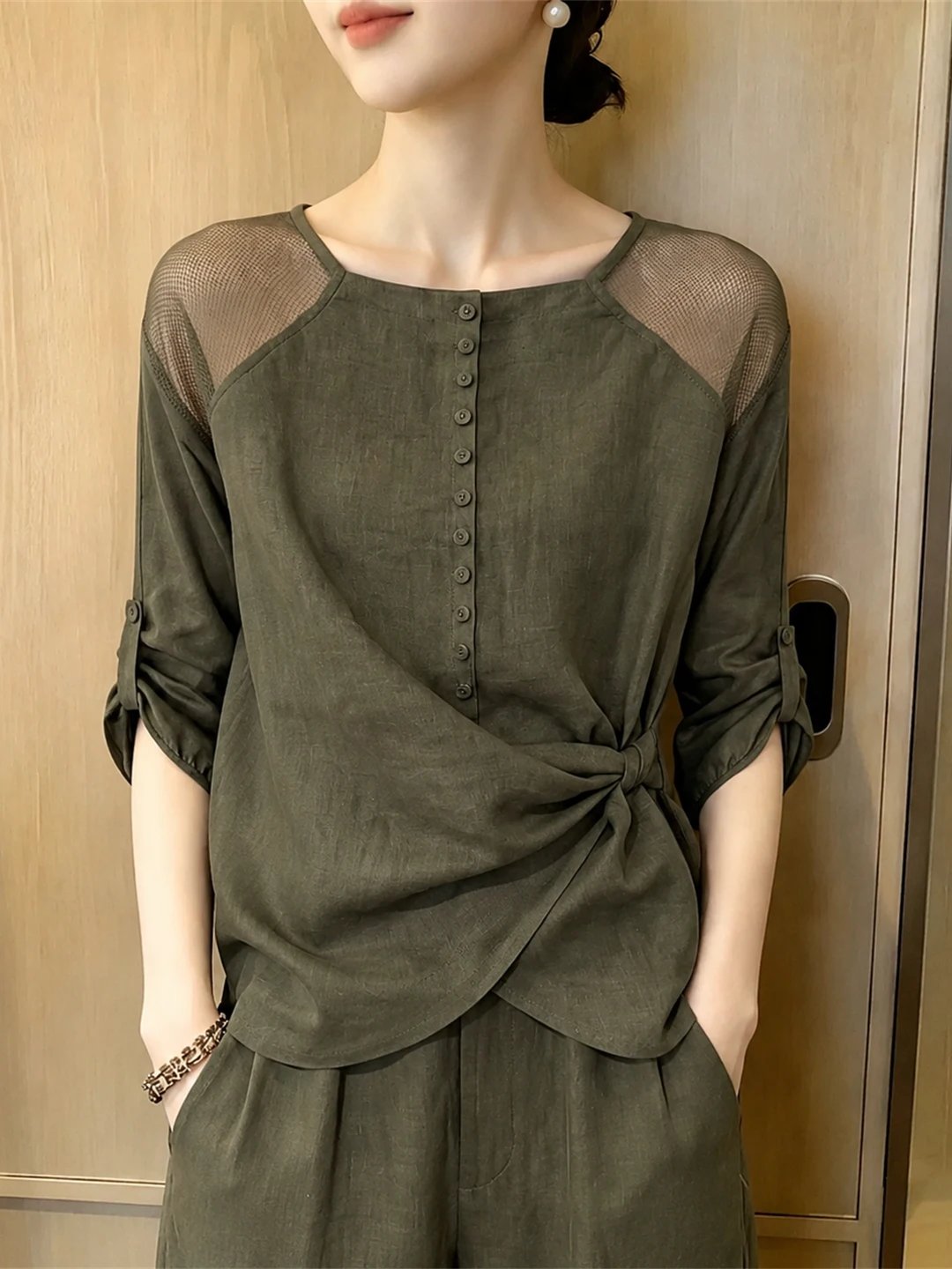 Korean Commuter Style round Neck Skin-friendly Hollow Design Casual Fashion Summer Top Seven Sleeve Length Regular Fit
