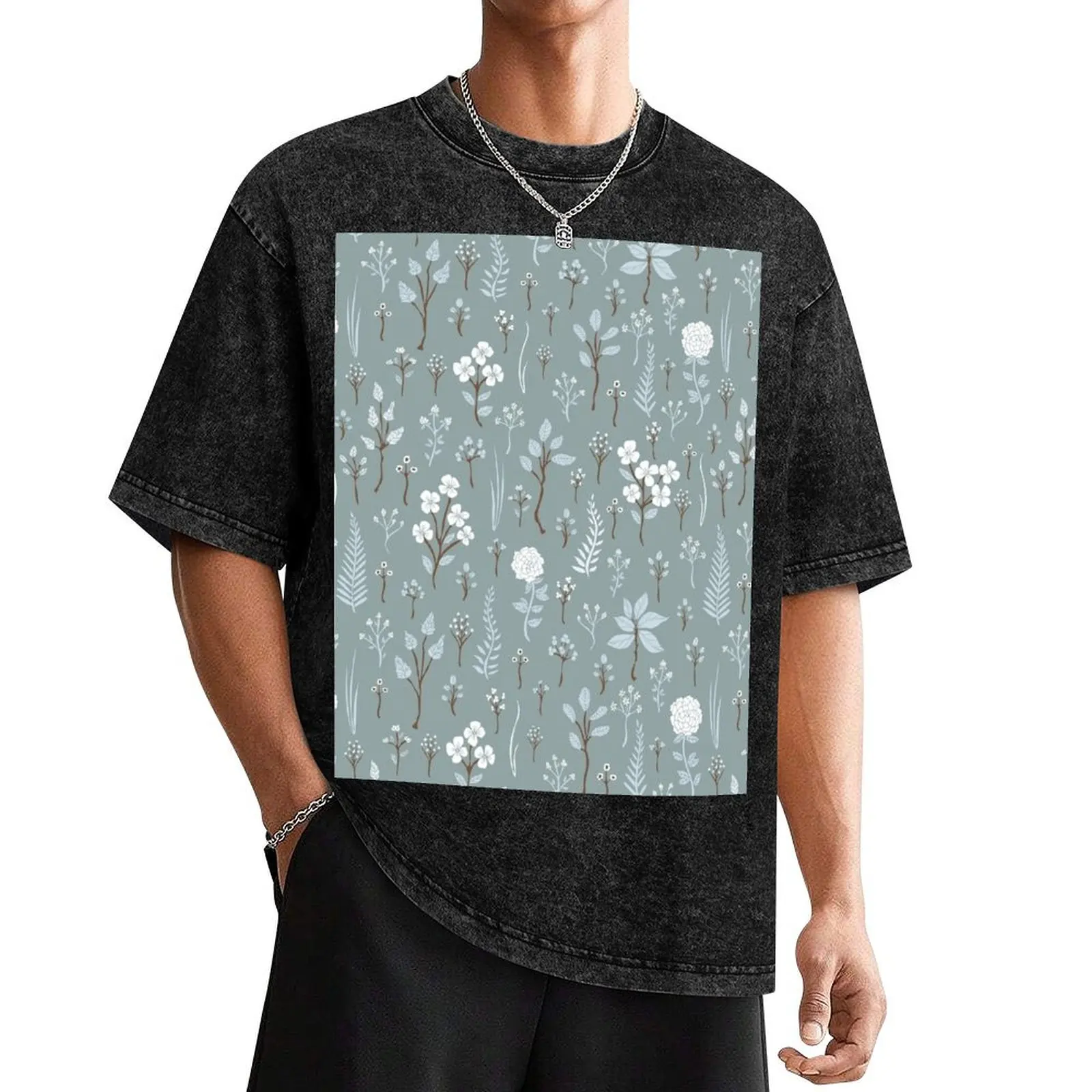 

Pale Blue, White & Brown Floral/Botanical Pattern T-Shirt rapper graphic tees man clothes anime men clothings