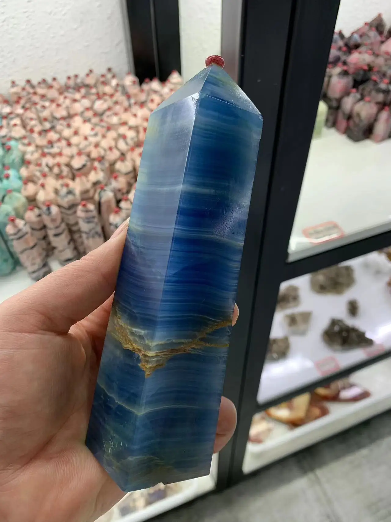 Natural Blue Lex Crystal Agate Four-Sided Obelisk Energy Gem Reiki Healing Room Office Decoration Gift