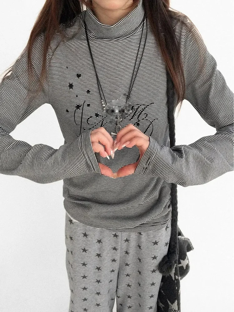 Striped Star Print Half High Collar Tshirts Women Retro Casual Long Sleeve Base Tops Korean Y2k Aesthetic Grunge Tees