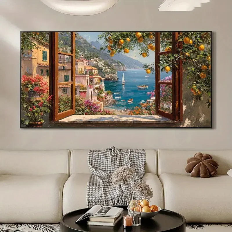 Mediterranean Coast Large Diy Diamond Painting Lemon Tree Window Landscape Diamond Mosaic Jewelry Cross Stitch Home Decor