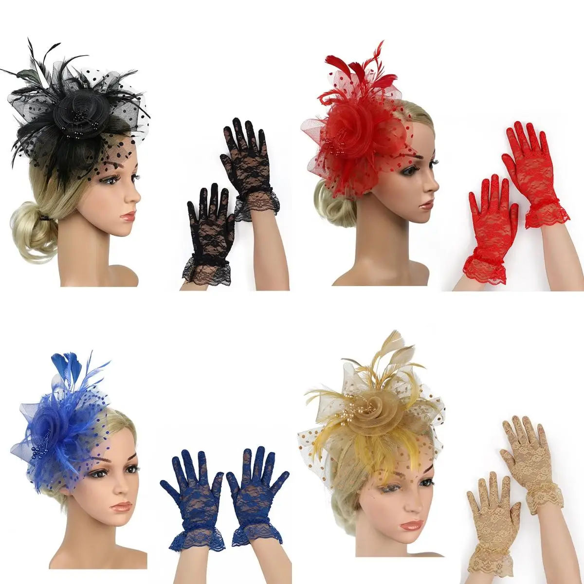

Fashion Mesh Flower Feather Headpiece & Gloves Set Cocktail Wedding Tea Party Headband Stylish Fascinator Hat for Women Girls