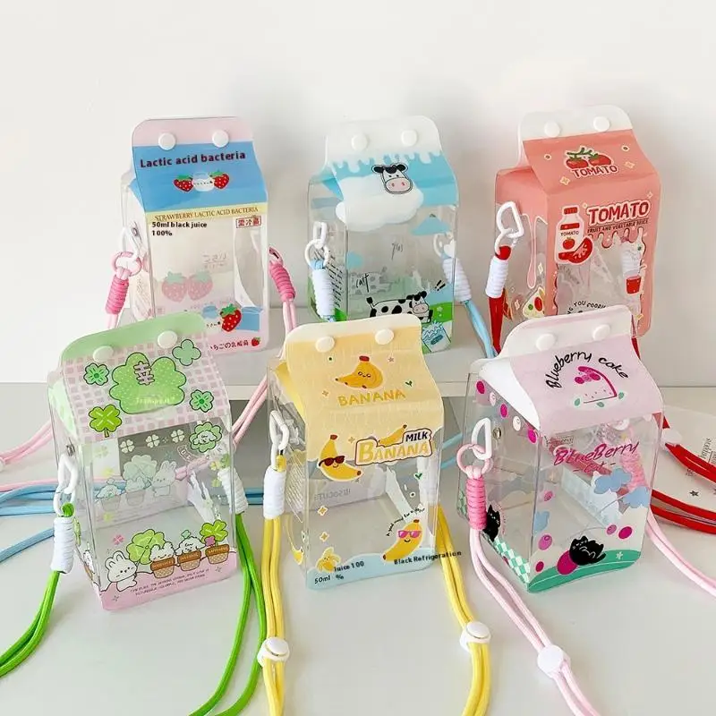 Saco de brinquedos de caixa de leite fofo - Vitrine de crachá transparente |   Mini caixa de armazenamento de boneca com cordão, acessório decorativo de passeio
