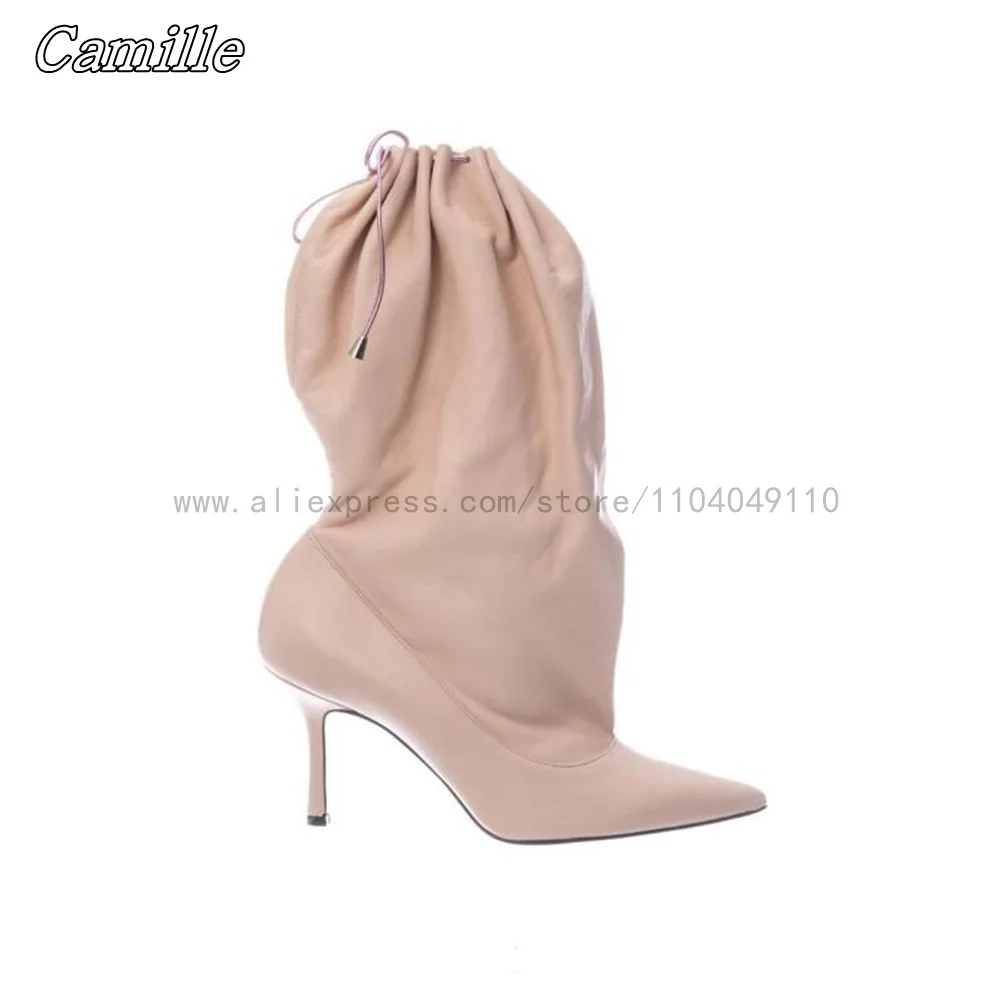 First Layer Cowhide Sexy Drawstring Stiletto Modren Boots Large Size Solid Mid Heel Boots Pointed Toe Pleated Casual Boots