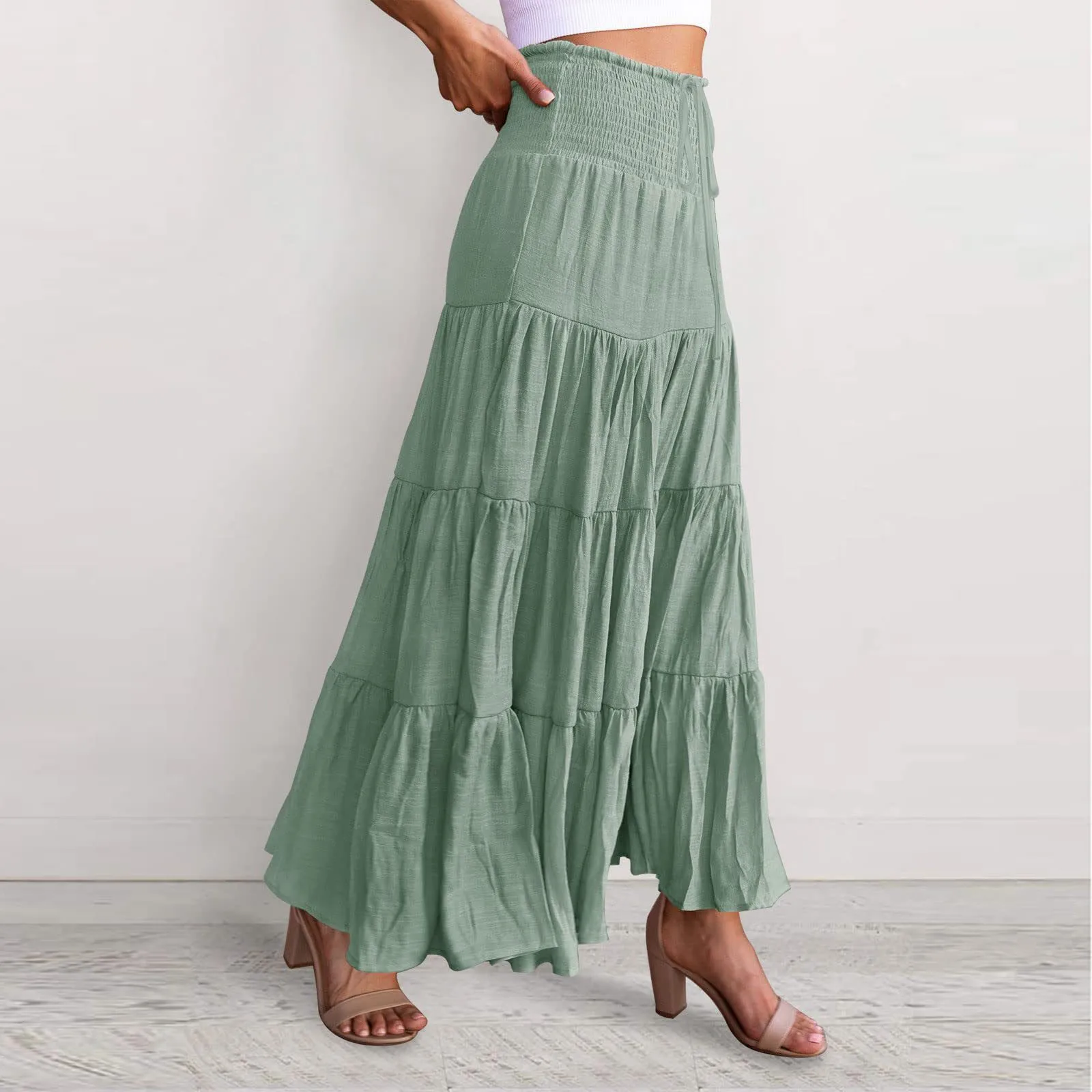 Summer Autumn High Waist Lace Up Wide Leg Skirt Pants Women Loose Casual Fashion All-Match Solid Color Trousers Odzież damska