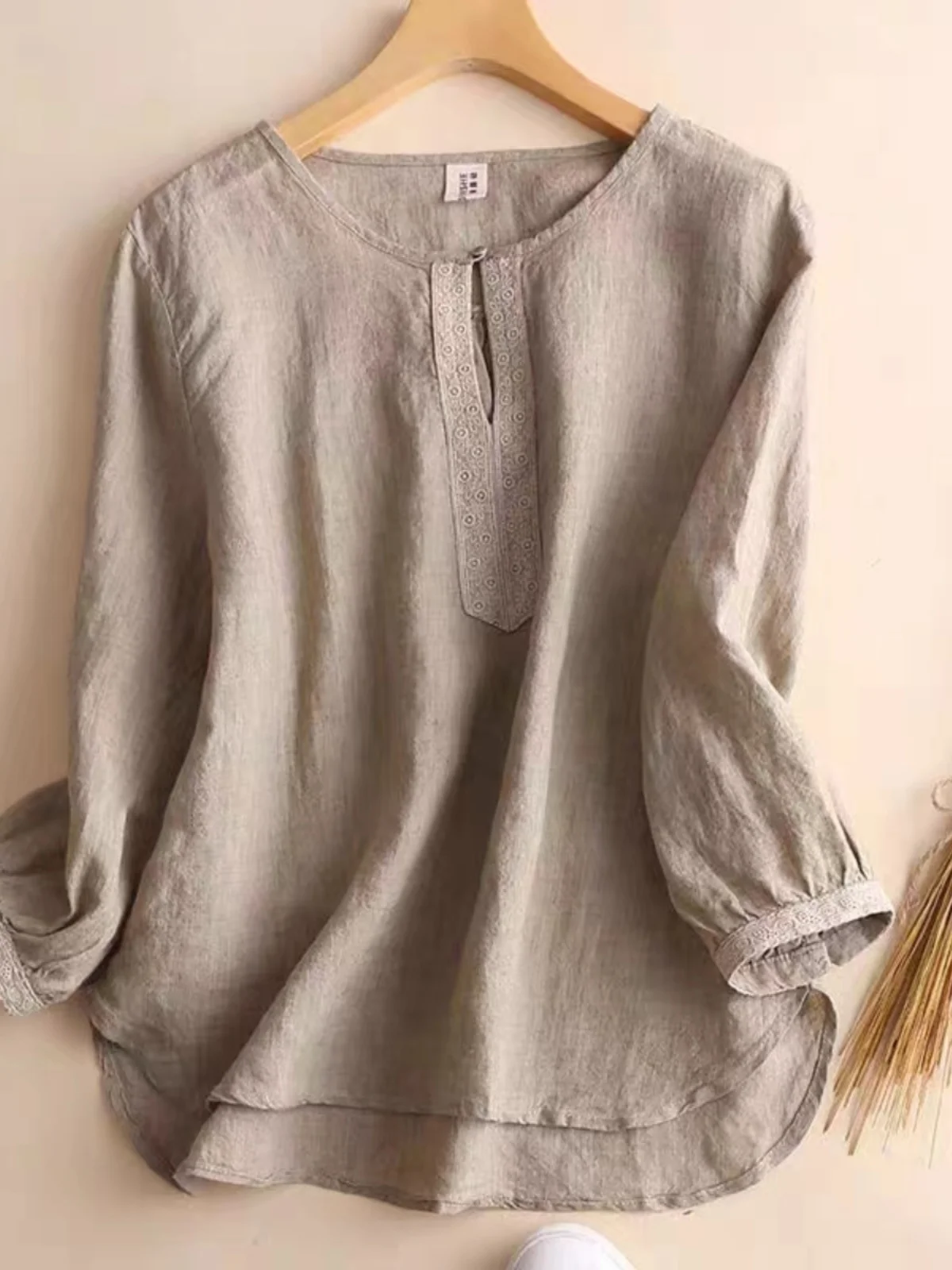 Csa Artística de Aodão e Linho para Mulheres, T-irt de Verão com Manga Nove, Top de Linho Solto com Detalhe de Botão, ...